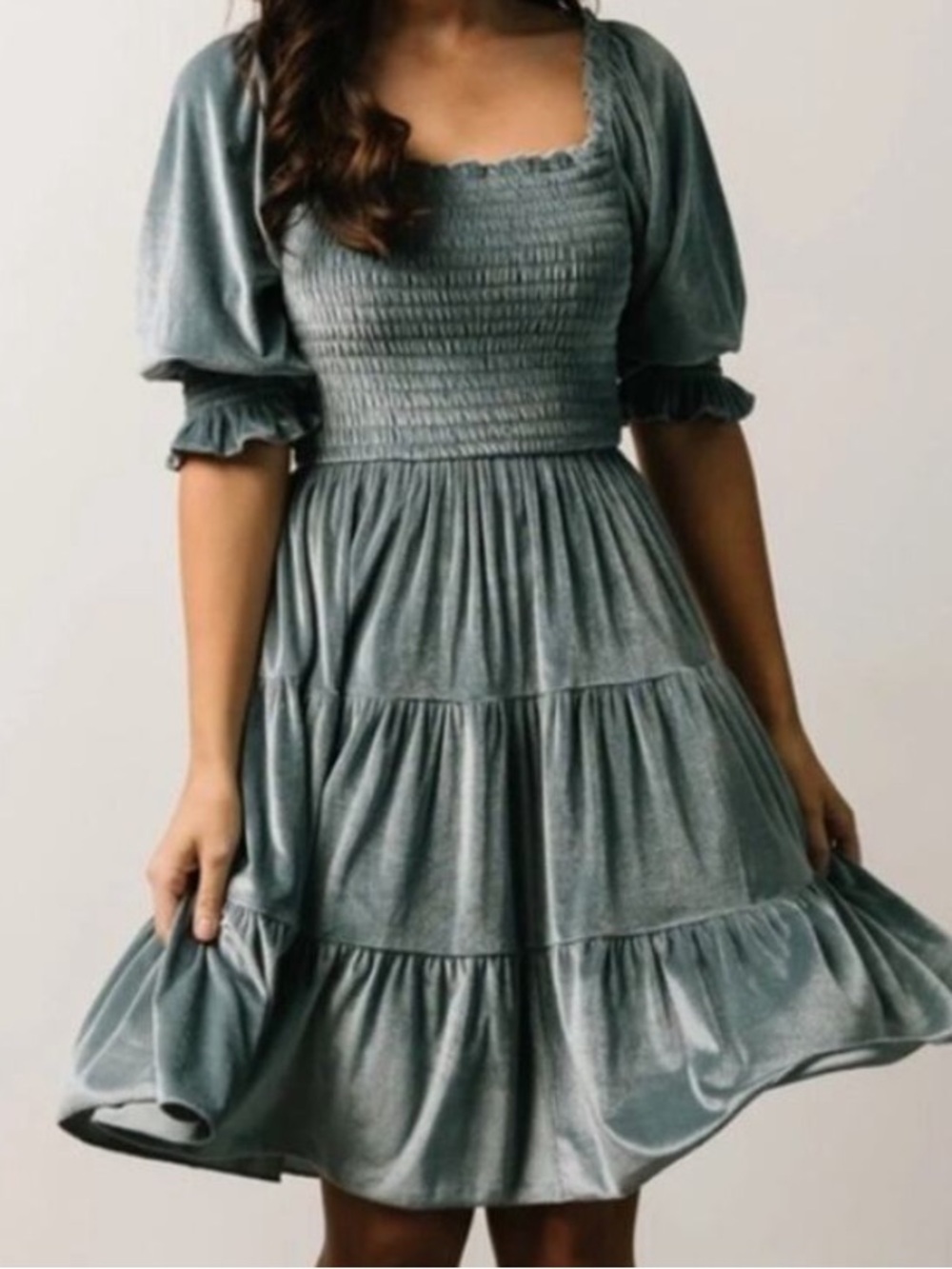 Baltic Born Velvet Smocked Tiered Puff Sleeve Bliss Short Dress-Light Blue-Sz M